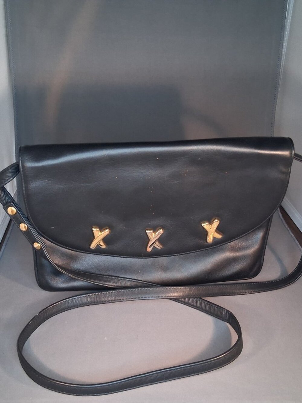 VTG Paloma Picasso Black Italian Leather Triple Gold X Convertible Shoulder Bag - Picture 1 of 14